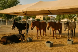 Caballos y mulas descansando a la sombra junto a cubos de agua en un recinto ferial