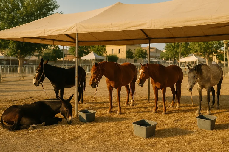 Caballos y mulas descansando a la sombra junto a cubos de agua en un recinto ferial