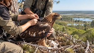 Águila imperial ibérica durante un manejo de seguimiento con dispositivo GPS en un entorno natural