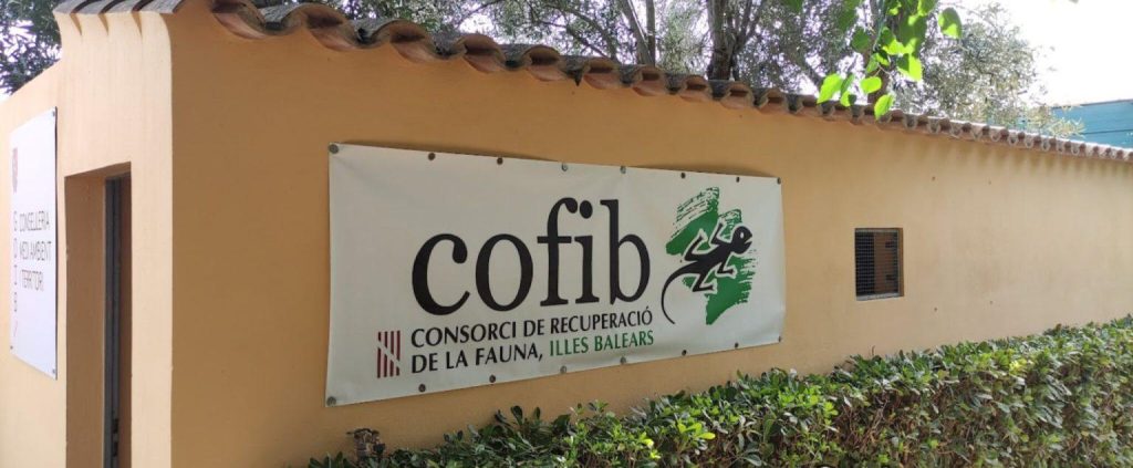 Cartel del COFIB, Consorci de Recuperació de la Fauna de les Illes Balears, en el muro de entrada del centro