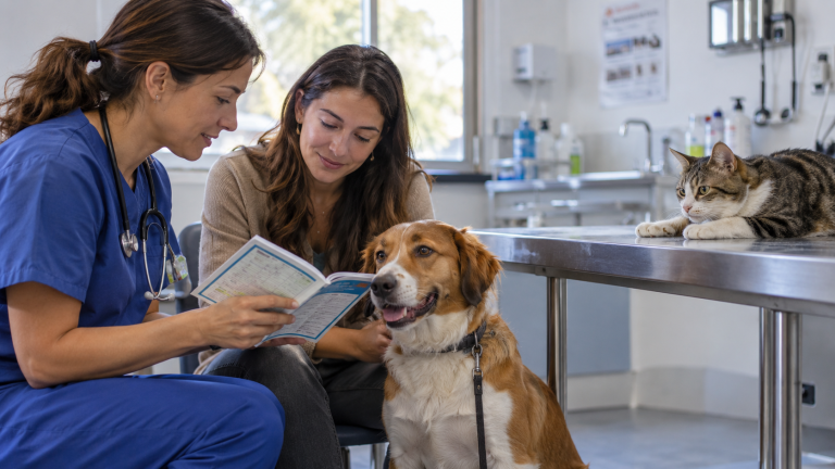 Veterinaria revisando la documentación sanitaria de un perro y un gato en una consulta
