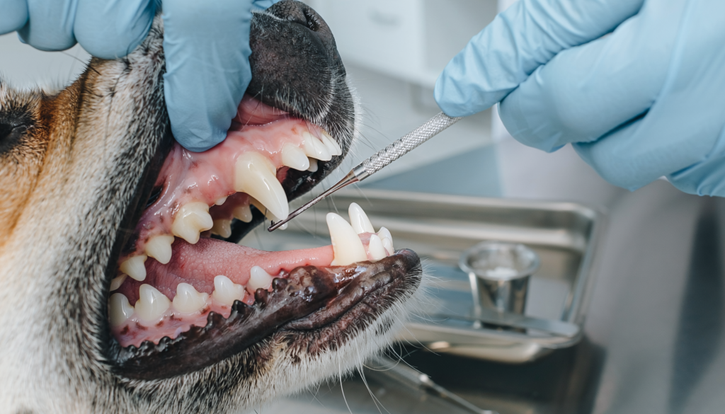 Revisión dental veterinaria de un perro tras una limpieza profesional, con instrumental y preparación probiótica sin marca