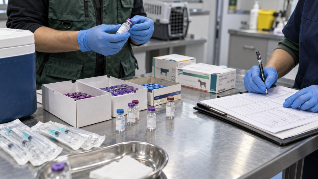 Inspección de vacunas y medicamentos veterinarios con viales, jeringas y documentación de control