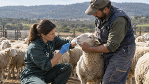 Veterinaria examinando una oveja en una explotación ganadera durante una revisión sanitaria
