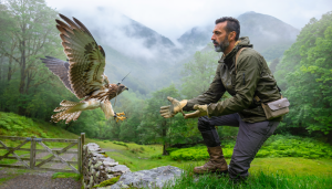 Técnico de fauna libera un ave silvestre rehabilitada con un pequeño emisor de seguimiento en un paisaje asturiano