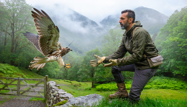 Técnico de fauna libera un ave silvestre rehabilitada con un pequeño emisor de seguimiento en un paisaje asturiano