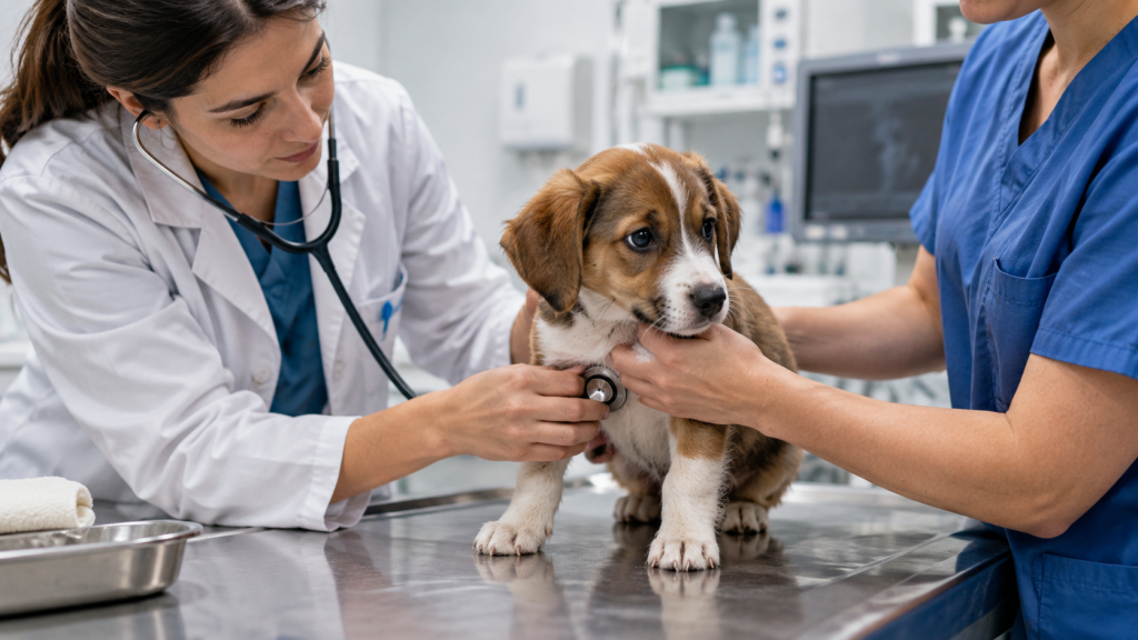 Cachorra durante una exploración veterinaria en una clínica