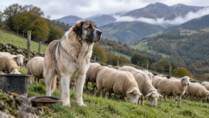 Perro de protección de ganado junto a un rebaño de ovejas en una zona montañosa de Asturias