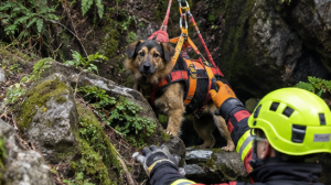 Rescate vertical de un perro en una zona rocosa, imagen editorial