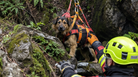Rescate vertical de un perro en una zona rocosa, imagen editorial