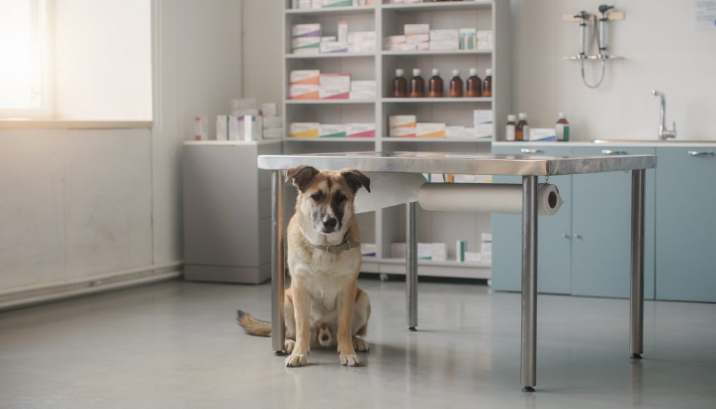 Perro sentado bajo una mesa de acero inoxidable en una consulta veterinaria, con estanterías de medicamentos y frascos al fondo.