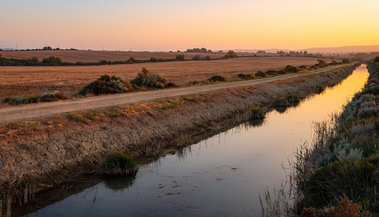 Canal de riego junto a un camino de tierra entre campos de cultivo al atardecer, paisaje agrícola típico de zonas de regadío.