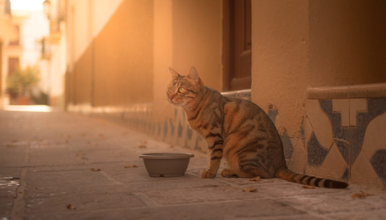 Gato callejero atigrado sentado en una acera junto a un cuenco de comida vacío, frente a una fachada con azulejos, iluminado por luz cálida de atardecer.