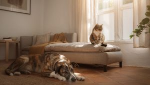 Un gato atigrado sentado junto a una ventana y un perro de pelaje oscuro tumbado en el suelo de un salón acogedor con luz cálida.