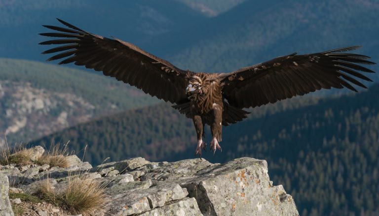 Un buitre negro con las alas extendidas aterrizando sobre una roca en un entorno de montaña boscosa.