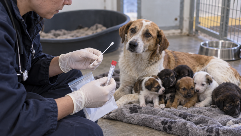 Una perra con su camada de cachorros junto a material de muestreo de ADN
