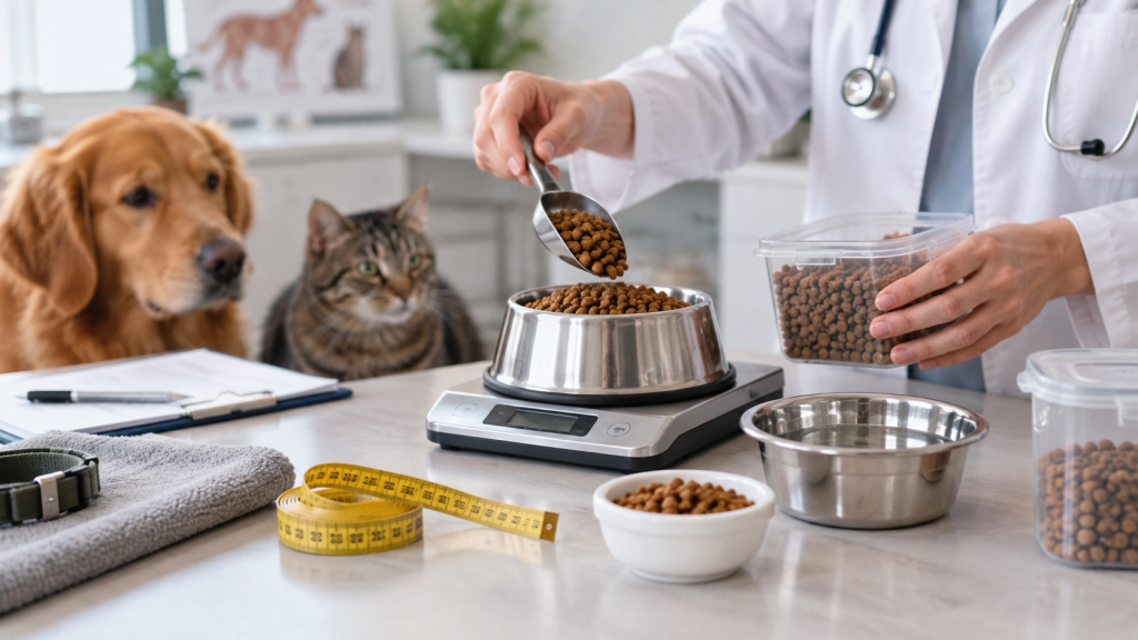 Un perro y un gato de peso saludable pesados en una consulta veterinaria