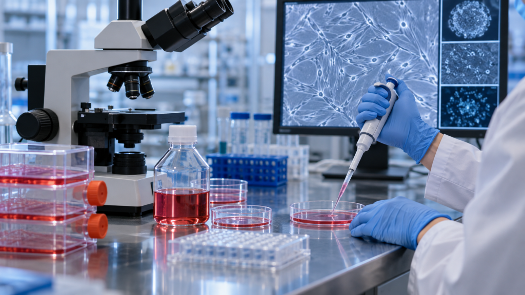 Un investigador analiza cultivos celulares al microscopio en un laboratorio