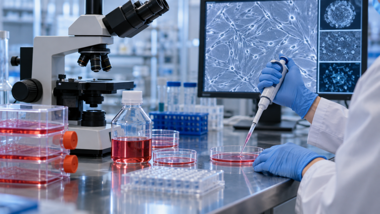 Un investigador analiza cultivos celulares al microscopio en un laboratorio