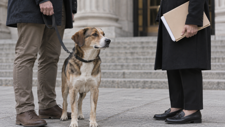 Un perro con correa esperando junto a dos personas frente a un juzgado