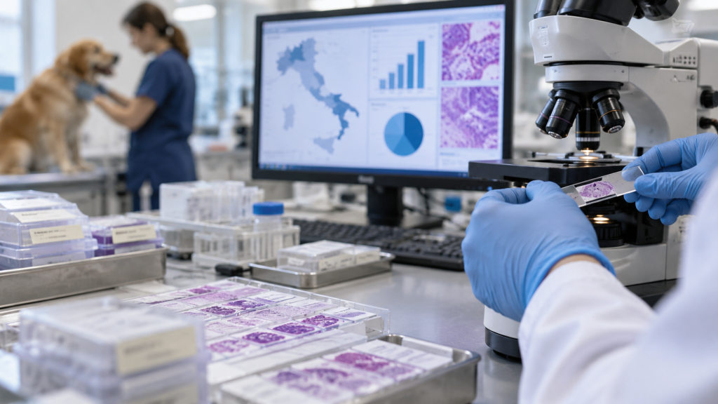 Laboratorio de patología veterinaria con muestras histológicas, microscopio y análisis epidemiológico de tumores caninos