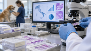 Laboratorio de patología veterinaria con muestras histológicas, microscopio y análisis epidemiológico de tumores caninos
