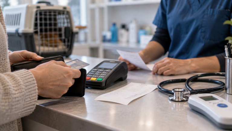 Pago en la recepción de una clínica veterinaria con datáfono, recibo y estetoscopio