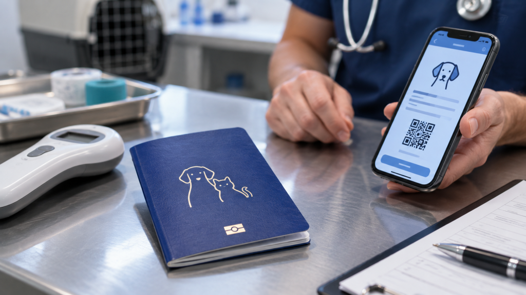 Pasaporte físico para animales de compañía junto a un smartphone con credencial digital y un lector de microchip