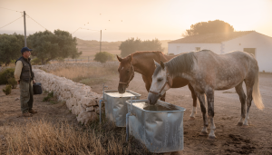 Dos caballos en una finca de Menorca mientras una veterinaria observa su estado durante la vigilancia del virus del Nilo Occidental