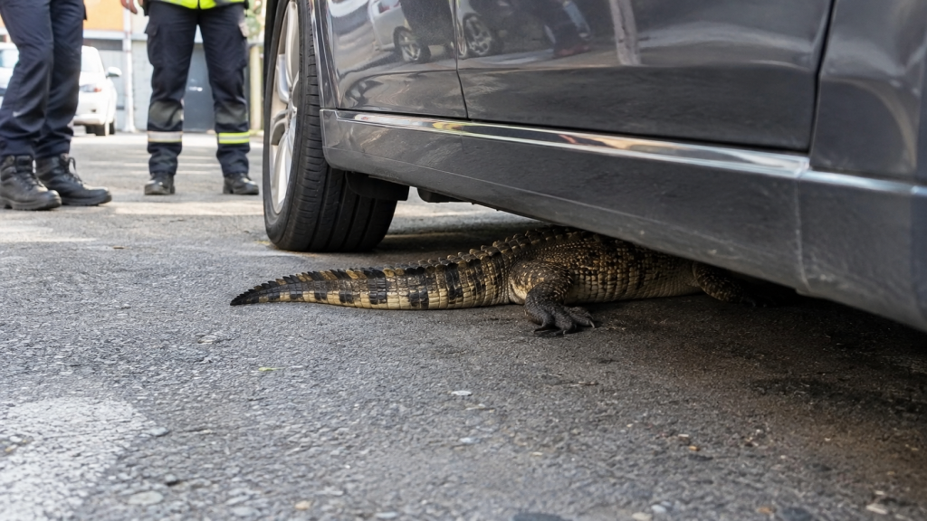 Un caimán pequeño escondido bajo un vehículo en una calle urbana