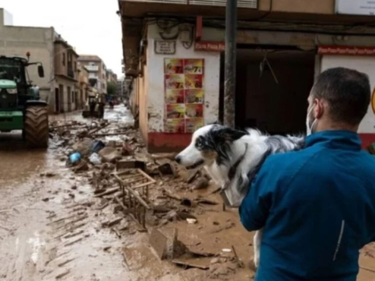 Una persona con mascarilla sostiene a un perro entre los escombros dejados por la DANA