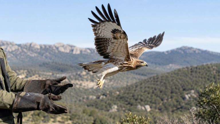 Un águila calzada alzando el vuelo tras ser liberada de la mano de un cuidador