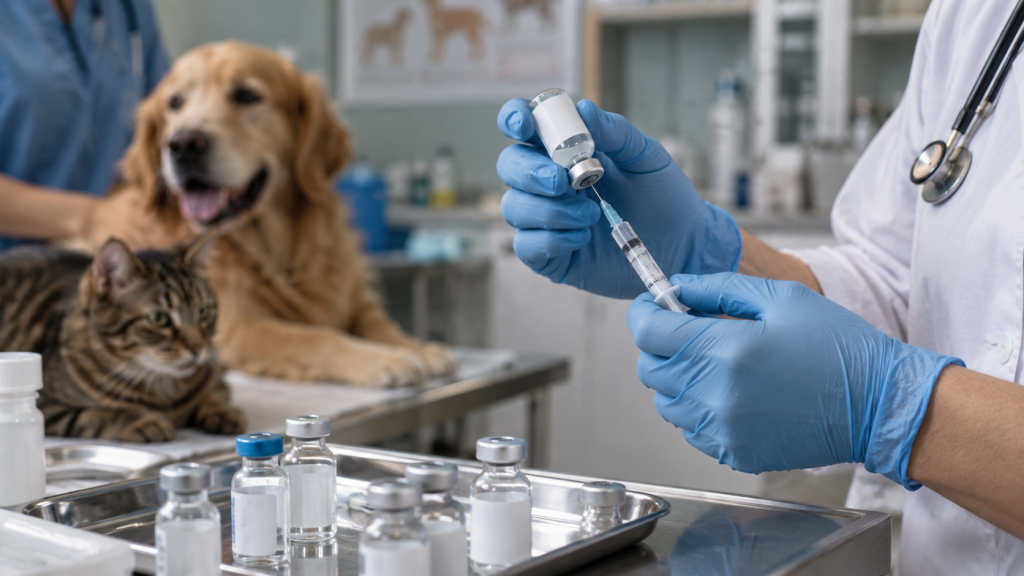 Una veterinaria prepara una vacuna junto a un perro y un gato en la consulta