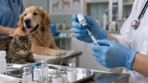 Una veterinaria prepara una vacuna junto a un perro y un gato en la consulta