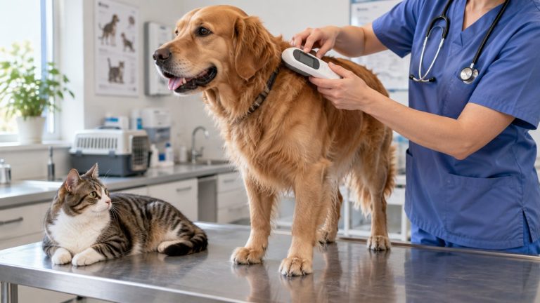 Una veterinaria pasa un lector de microchip por el lomo de un perro sobre la mesa de consulta, con un gato al lado