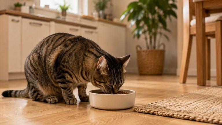 Gato atigrado comiendo pienso de un cuenco en la cocina de una casa