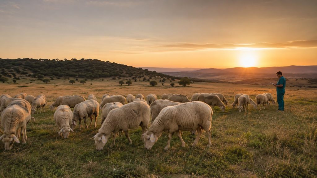 Rebaño de ovejas pastando al atardecer con un veterinario tomando notas a distancia