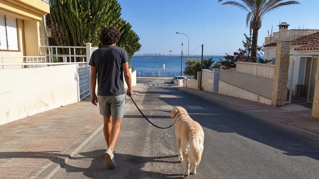Una persona pasea a un perro con correa por una calle costera camino del mar