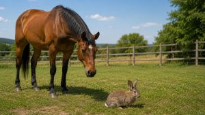 Un caballo bayo y un conejo en un prado vallado