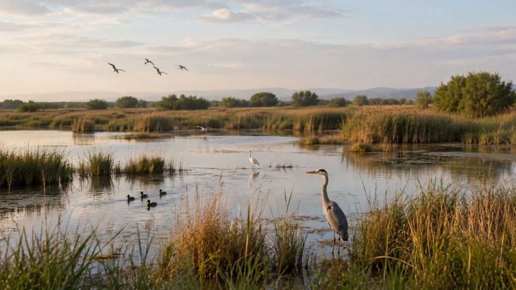 Humedal manchego con láminas de agua, carrizo, una garza real y patos