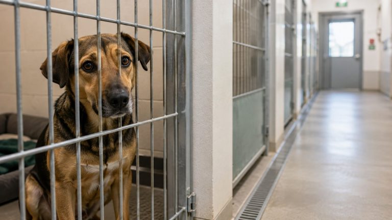 Perro mirando desde el interior de un box, con el pasillo del centro de acogida al fondo