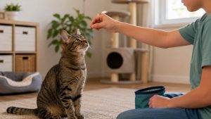 Un gato atento a la mano de una persona que le ofrece un premio durante una sesión de entrenamiento