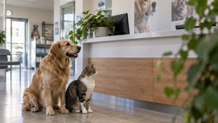 Un perro y un gato sentados juntos frente al mostrador de recepción de una clínica veterinaria