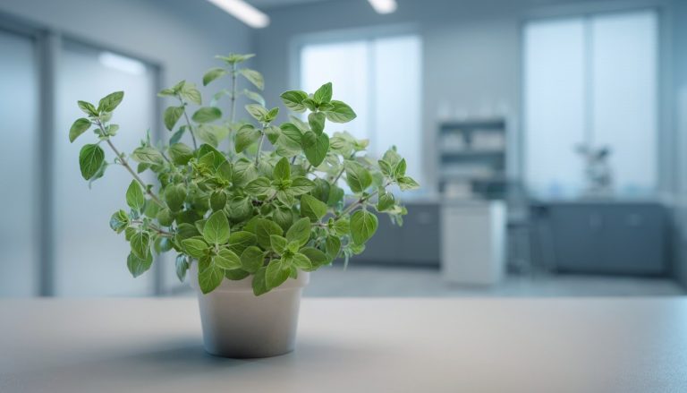 Planta de orégano en una maceta sobre la encimera de un laboratorio