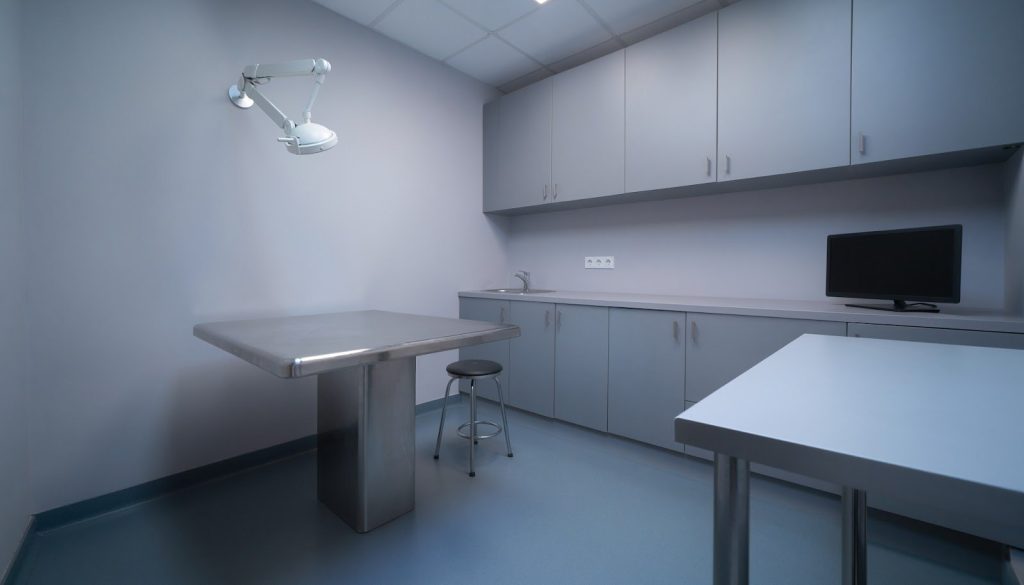 Sala de consulta veterinaria vacía con mesa de acero inoxidable y lámpara de exploración