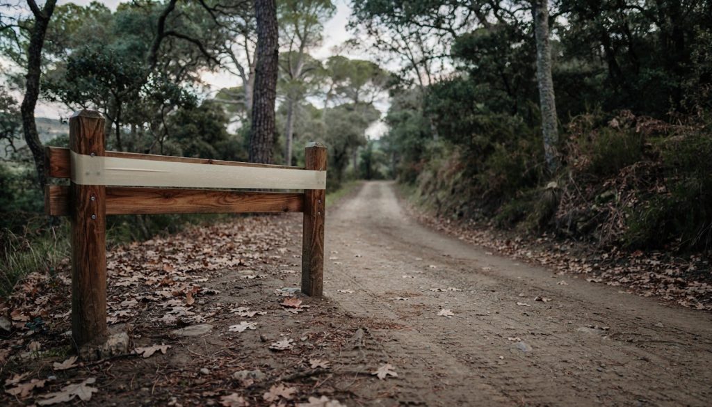Barrera de madera cerrando un camino forestal en un bosque mediterráneo