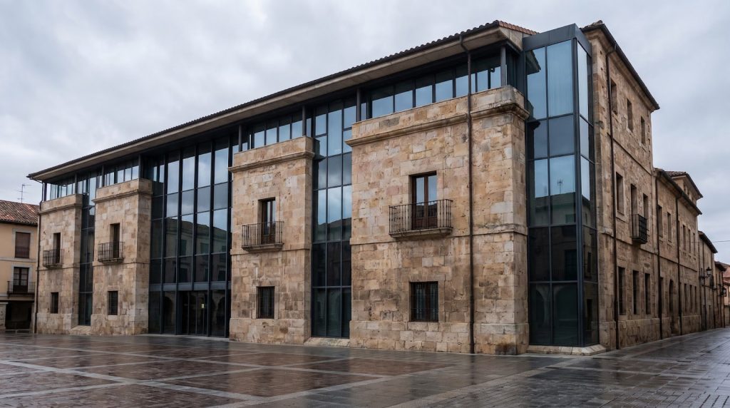 Edificio institucional de piedra y vidrio en una plaza empedrada