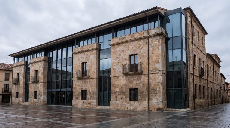 Edificio institucional de piedra y vidrio en una plaza empedrada