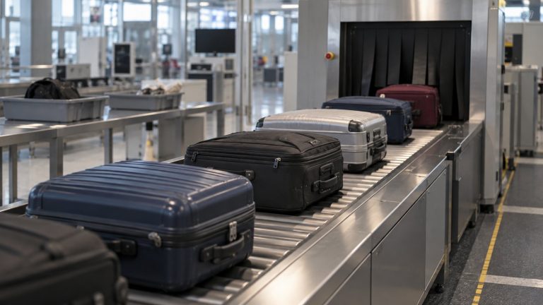 Maletas en la cinta de un escáner de equipajes de un aeropuerto