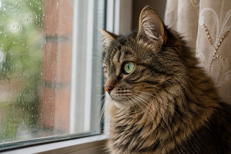 Gato de pelo largo asomado a la ventana de una casa en un día de lluvia